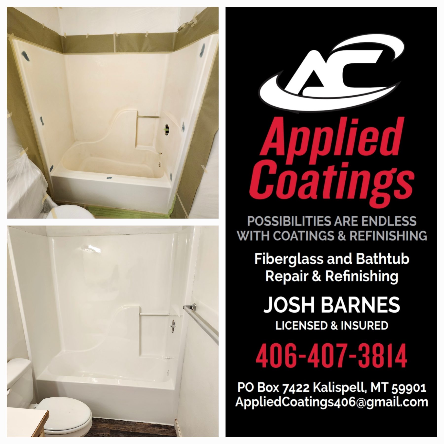 Fiberglass tub-shower before and after refinishing