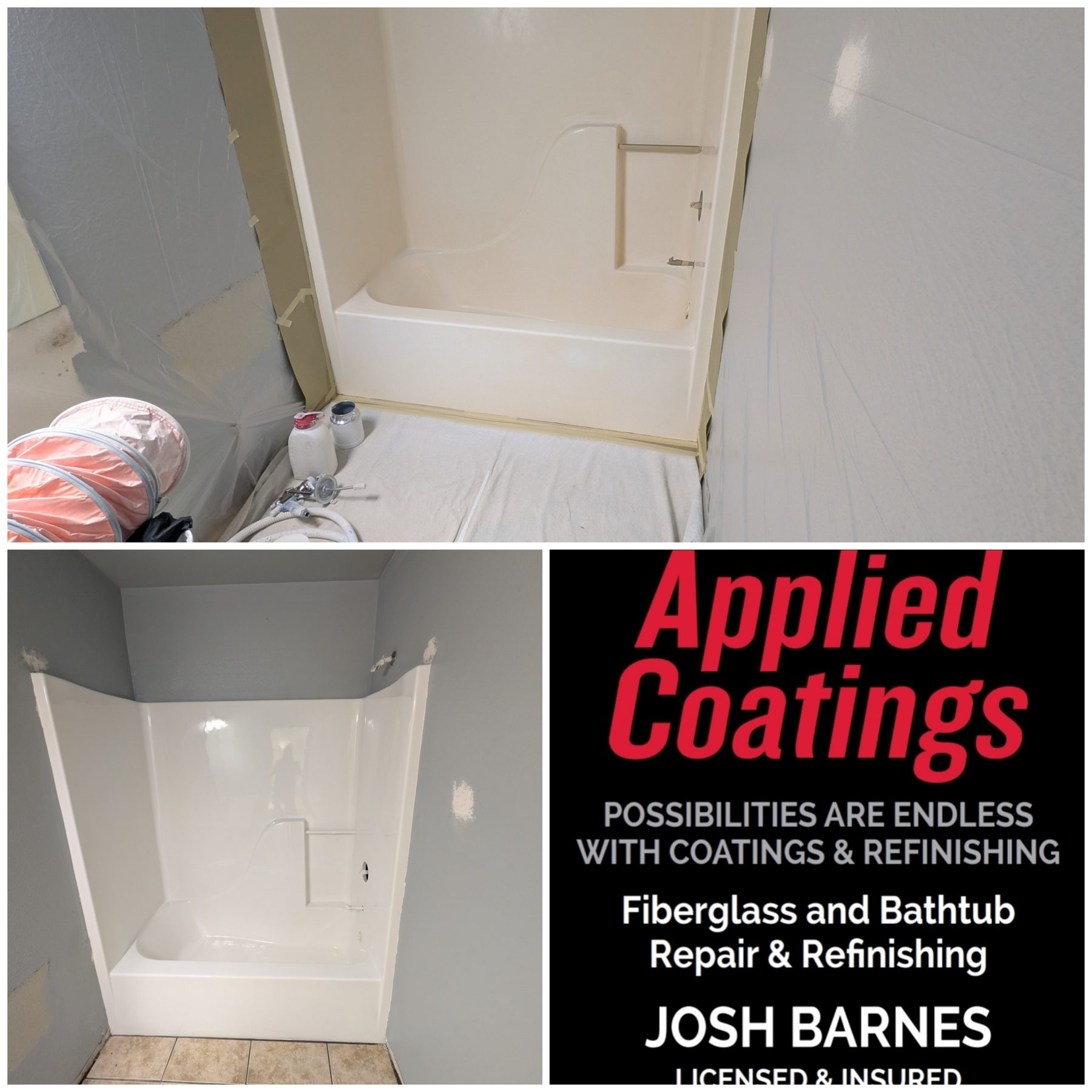 Shower and tub surround before and after refinishing