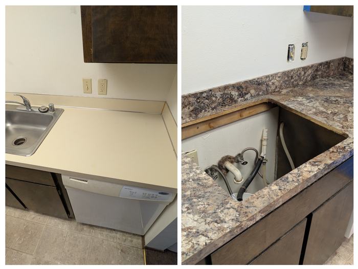 Countertop and sink before and after refinishing